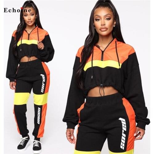 2 Piece Set Sportswear Women Suit Color Block Patchwork Crop Tops Loose Long Pants Street Club Tracksuit Lady Minimalist Clothes