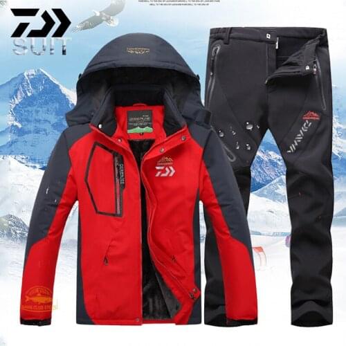 2020 DAIWA Waterproof Fishing Suit Winter Mens Outdoor Hiking and Skiing Warm and Windproof Cotton Suit Plush Thick Pants