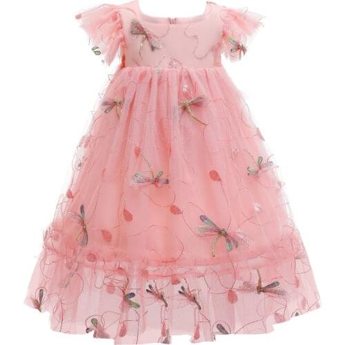 Summer Dresses for Girls Party Dress Fancy Mesh 3D Dragonfly Embroidery Toddler Tutu Dress Short Flare Sleeve Cute Clothes 2-10T