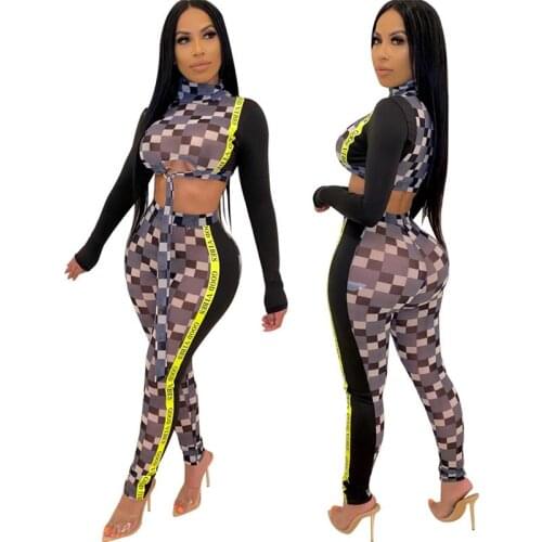 2020 New Plaid print long sleeve autumn women black jumpsuit womens Pants Fashion Slim Ladies Sexy sporswear Bodycon Yoga suits