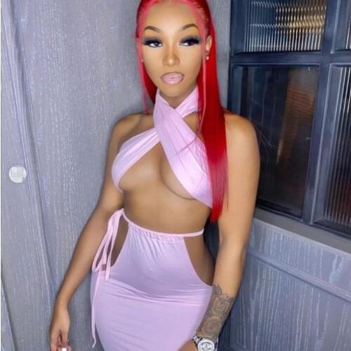 2021 New Women Dress Straps Halter Neck Hollow Out Skirt Two Piece Set Sexy Bodycon Nightclub Party Matching Set Female Outfits