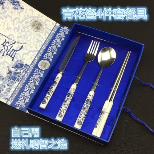 Wholesale Blue and White Porcelain Cutlery Set Stainless Steel Cutlery 4 Piece Set Four Spoon Chopsticks Cutlery Set Gift