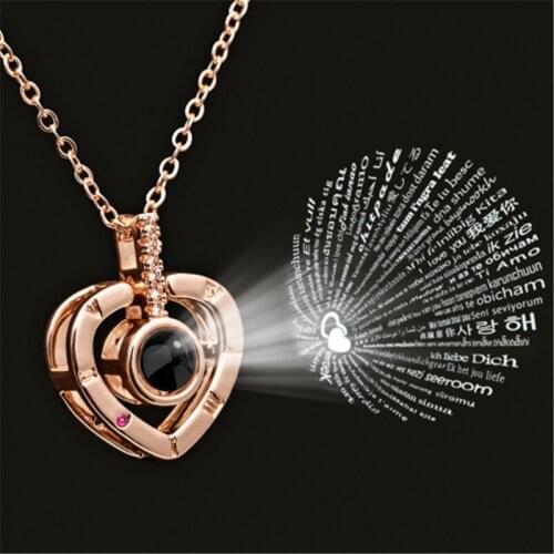 Projection 100 Languages I Love You Charm Gold Round Heart Pendant Necklace For Women Girls Choker DropShipping