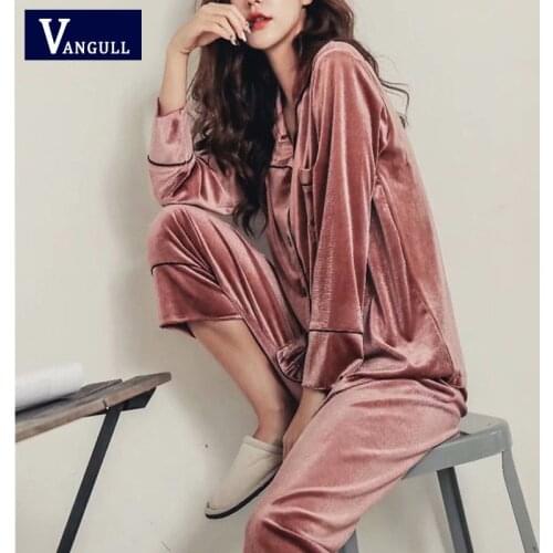 Vangull Velvet Long Sleeve Women Pajamas Sets Sexy Elegant Ladies Home Clothes 2020 Winter Warm Female Pajama Sleepwear Suits