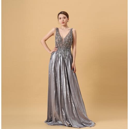 Luscious Delia Dubai Grey Deep-V Sexy Luxury Evening Dresses 2021 Sleeveless Beading Sequined A-Line Formal Gowns