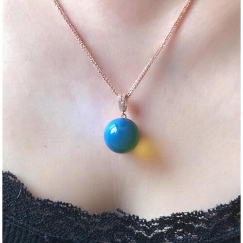 Blue Amber round 12/14/16mm+18k gold chain pendant necklace nature beads wholesale FPPJ