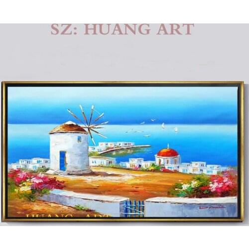 Modern Mediterranean Greece hand-painted oil painting scenery household knife painted white wall adornment lobby sofa bedroom bo