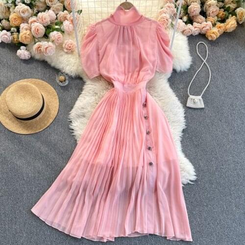 Womens Spring Summer Runway Fashion Bow Collar Pleated Pink Chiffon Dress Female Travel Chic Party Beach Dress TB1835