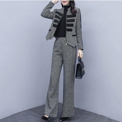 High quality Woolen blend Autumn Women Sets Blazer Jacket Wide leg pants 2021 New elegant Office Wear Women Suits Female