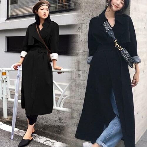 2019 Spring Autumn Women Black Trench Coat With Belted Long Windbreaker Female Casual Long Sleeve Coat Loose Outwear R236
