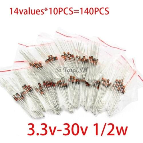 14values*10PCS=140PCS 0.5W regulator 3.3v-30v 1/2w Zener Diode component Assorted kit package new and original