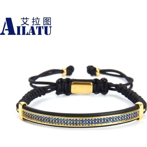 Ailatu 10pcs/lot Luxury Blue Cz Long Tube Men Bracelet Braided Macrame for Men Jewelry Gift Stainless Steel Logo Beads