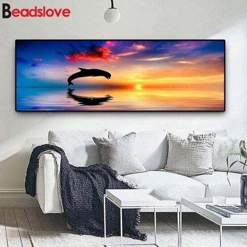Large diamond painting Single Dolphins Diving Sunset Seascape 5 d diy daimond embroidery full round drills animal mosaic inlaid