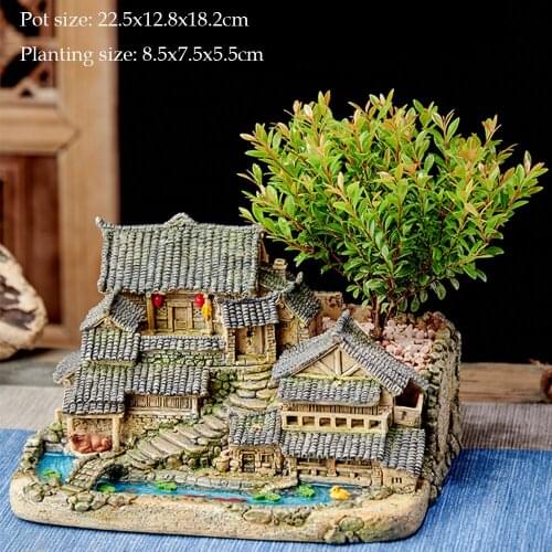 Chinese Old Style Countryside Building Design Bonsai Potted Plants Pot For Home Living Room Hotel Teahouse Indoor Decoration