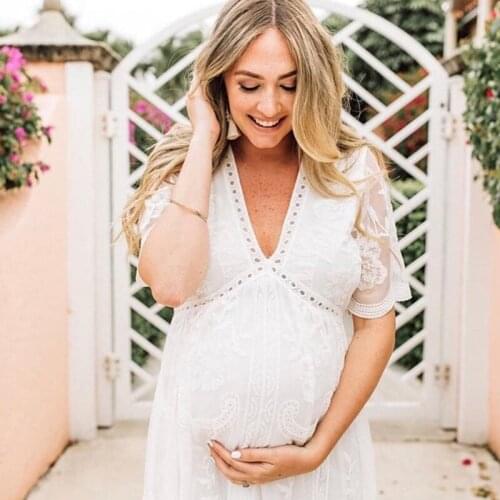 Women Maternity Dress Lace Photography Props Gown Shoot Baby Shower Pregnancy Dress Short Sleeve V Neck Lace Flower Floral Dress