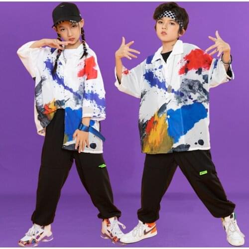 2021 Street Dance Costume Kids Fashion Graffiti Shirt Black Hiphop Pants Popping Clothes Girls Boys Jazz Dance Outfit BL6526
