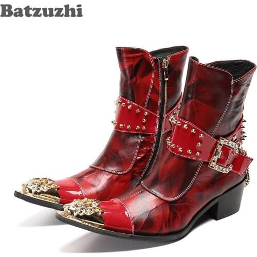 Batzuzhi Punk Mens Boots Golden Pointed Iron Toe Leather Ankle Boots Motorcycle Party & Wedding Boots Men Botas Hombre, US6-12