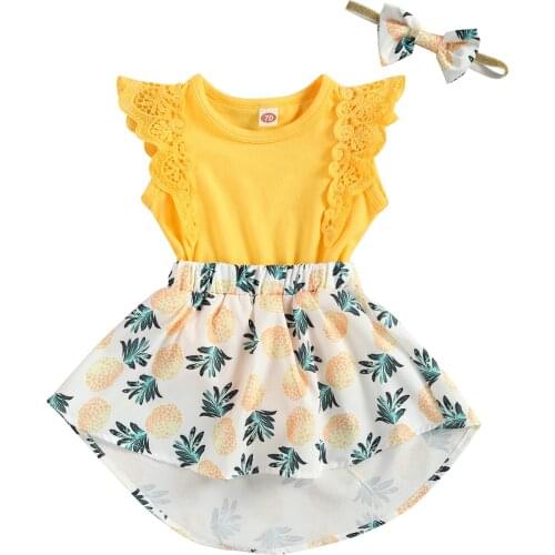 0-18M Cute Newborn Baby Girl Lace Fly Sleeve Patchwork Print Cotton Dress Headband 2PCS Outfits Summer Clothes