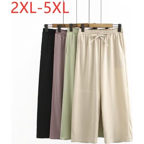 New 2021 Ladies Summer Plus Size Long Pants For Women Large Loose Casual Silk Wide Leg Beige Belt Trousers 2XL 3XL 4XL 5XL