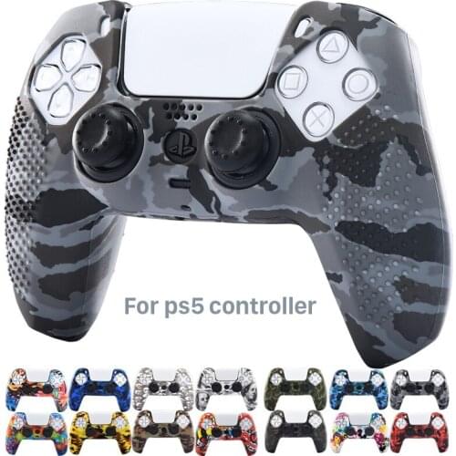 Anti-Slip STUDDED Water Printing Rubber Silicone Cover Skin Case for Sony PS5 Dualsense Controller with PRO Thumb Grips x2
