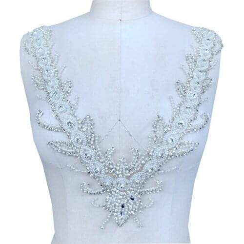 Luxury Sew On Rhinestone Faux Pearls Lace Bodice Applique Beaded Embroidered Trim Patch For Dance Party Dress 1 Piece 36*30cm