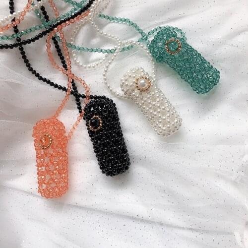 PUOU Handmade Beaded Lipstick Bag Pearl Lipstick Bag Cosmetic Bags Make Up Case Fashion Toiletry Makeup Bag