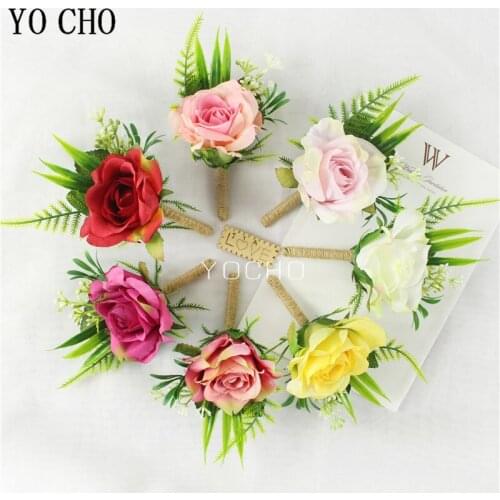 YO CHO Artificial Flower Silk Rose Men Boutonniere Bridesmaid Wrist Corsage Groom Brooch Pins Fake Flower Wedding Girl Bracelet