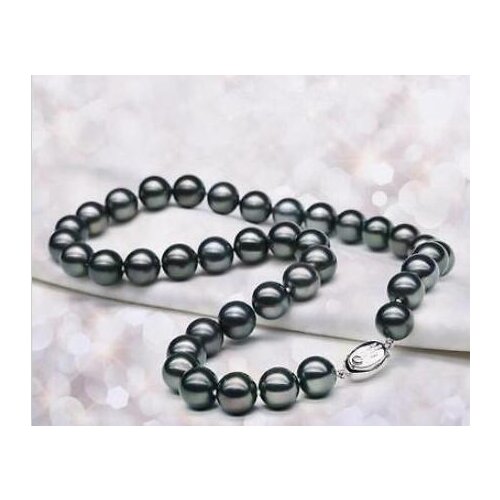Jewelry Tahitian round black pearl necklace 18inch 10-11mm 925 silver