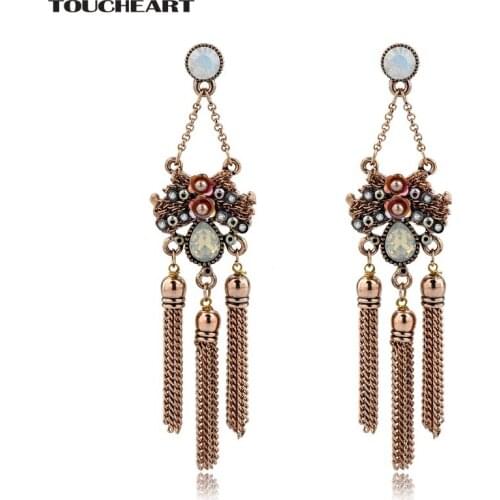 TOUCHEART Ethnic Gold color Tassel Earring Crystal Jewelry Vintage imitation Pearl Drop Dangle Earrings for Women SER160122