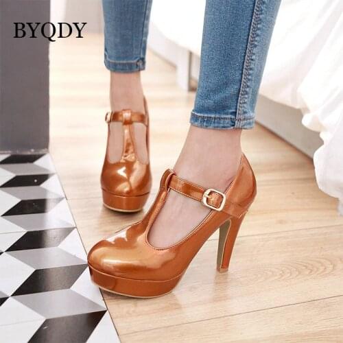 BYQDY Fashion Women High Heel Shoes Women Round Toe T Strap Platform Sexy Pumps OL Lady Footwear Girlfriend Shoes Big Size 34-48