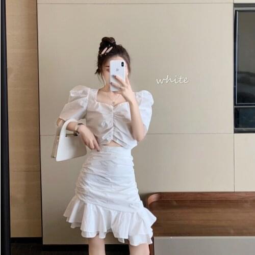 Two Piece Set Women Summer White Puff Sleeve Square Neck Crop Top Slim Pleated RUFFLES Asymmetry Mermaid Mini Skirt Suits