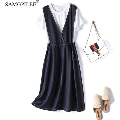 Summer Two Piece Sets For Women 2021 New Fashion Short Sleeve Casual Pullover O-neck Elastic Waist Mid-calf Solid Dress Set 4XL