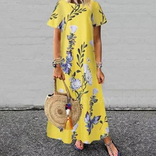Women Elegant Dress Beach Dresses Sundress Chinese style Robe Long Dress Flower Leaf Print Short Sleeve Loose Leisure Dress