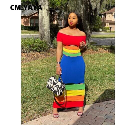 CM.YAYA Women Midi Dress Patchwork Off Shoulder Slash Short Sleeve Hole Bodycon Dresses Sexy Fashion Streetwear Summer Outfits