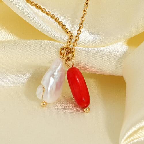 Elegant French Natural Freshwater Pearl Red Coral Pendant Necklace For Women Stainless Steel Choker Jewelry