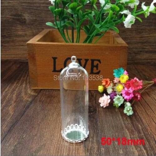 20sets/lot 50*18mm tube glass globe charm silver plated lace base & 8mm metal cap glass bottle vial pendant diy necklace finding