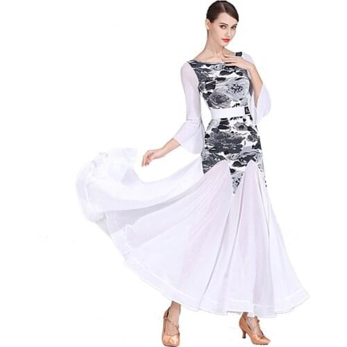 2021 New 1871 Floral Long Sleeve Lotus Design O Neck Latin Dance Dress Women Performance Modern Dance Dress Latino Dancewear