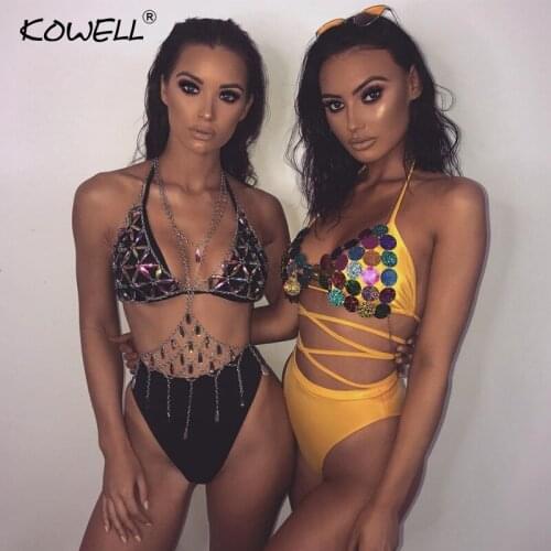 Crystal Halter Sexy Two Piece Set Bodysuit V-Neck Sleeveless Metal Chain Bra Top and Brief Beach Summer Women Rompers Overalls