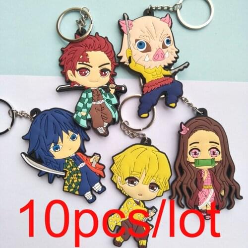 10pcs/set Anime Demon Slayer Keychain Nezuko Tanjirou Zenits Inosuke Tomioka Giyuu Silicone Double-sided Decorative Pendant