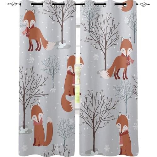 Brown Fox Branches Snow Printed Window Curtains Living Room Bedroom Curtains Polyester Cloth Home Decor