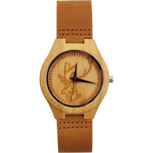 Creative Wooden Watch forUnisex Deer ELK Head Genuine Leather Strap Sport Bamboo Nature bamboo Quartz Wristwatch Christmax Gifts