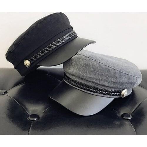 Fashion Unisex PU Leather Military Hat Autumn Sailor Hats For Women Men Black Grey flat top Female travel cadet hat Captain Cap