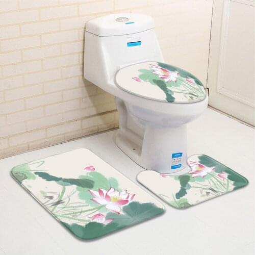 3pcs/Set Bathroom Mat Chinese Style Landscape Painting Flowers Bird Pink Lotus Pond Scenery Bathtub Toilet Carpet Non-Slip Rug