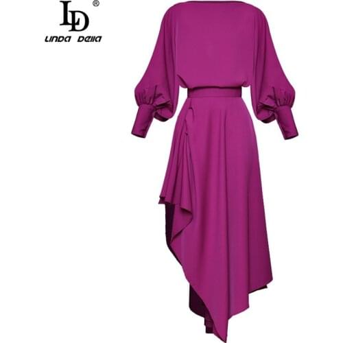 LD LINDA DELLA 2021 Summer Women Suit Fashion Purple Lantern Sleeve Loose Top and Ruffles Asymmetrical Midi Skirts 2 Piece Sets