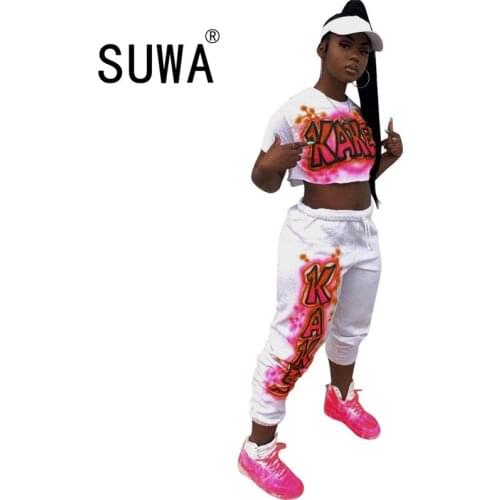 Hot Recommend Style Tracksuit Sports 2 Piece Set Women Workout Clothes Short Sleeve T-Shirt Top Hip Hop Pants Trousers Fitness