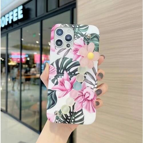Marble Stone Banana leaf Wrist Chain Case for iPhone 12 11 Pro Max 7 8 Plus XS Max Flowers Chain Hanging Cases for iPhone 11