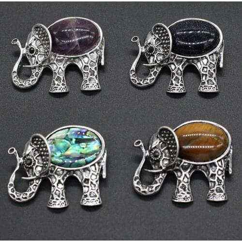 Natural Stone Abalone Shell Brooches Animal Elephant Amethysts Pendant Pins for Women Men Jewelry Making DIY Accessories Gift