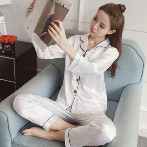 Pajama Sets Silk Satin Women Pijama Long Sleeve Pajamas Two Piece Sets Sleepwear Suit Home Fashion Pyjama Large Size Nightwear