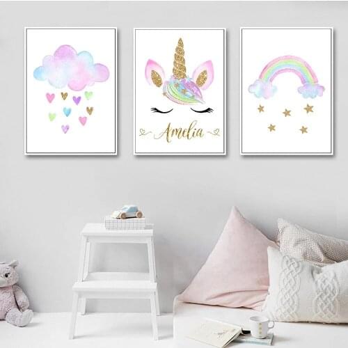 Unicorn Poster Custom Name Posters Cloud Rainbow Print Children Nursery Canvas Painting Nordic Girl Bedroom Unicorn Decoration