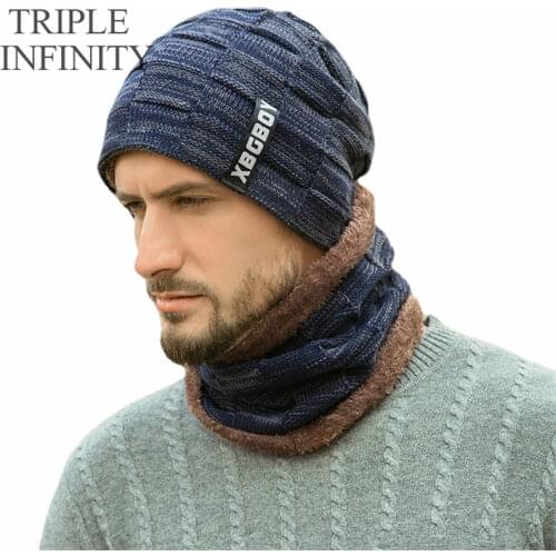 TRIPLE INFINITY High Quality Mens Winter Hat Scarf Thick Comfortable Soft Winter Warm Beanies Hat For Men Fashion Knitted Hats